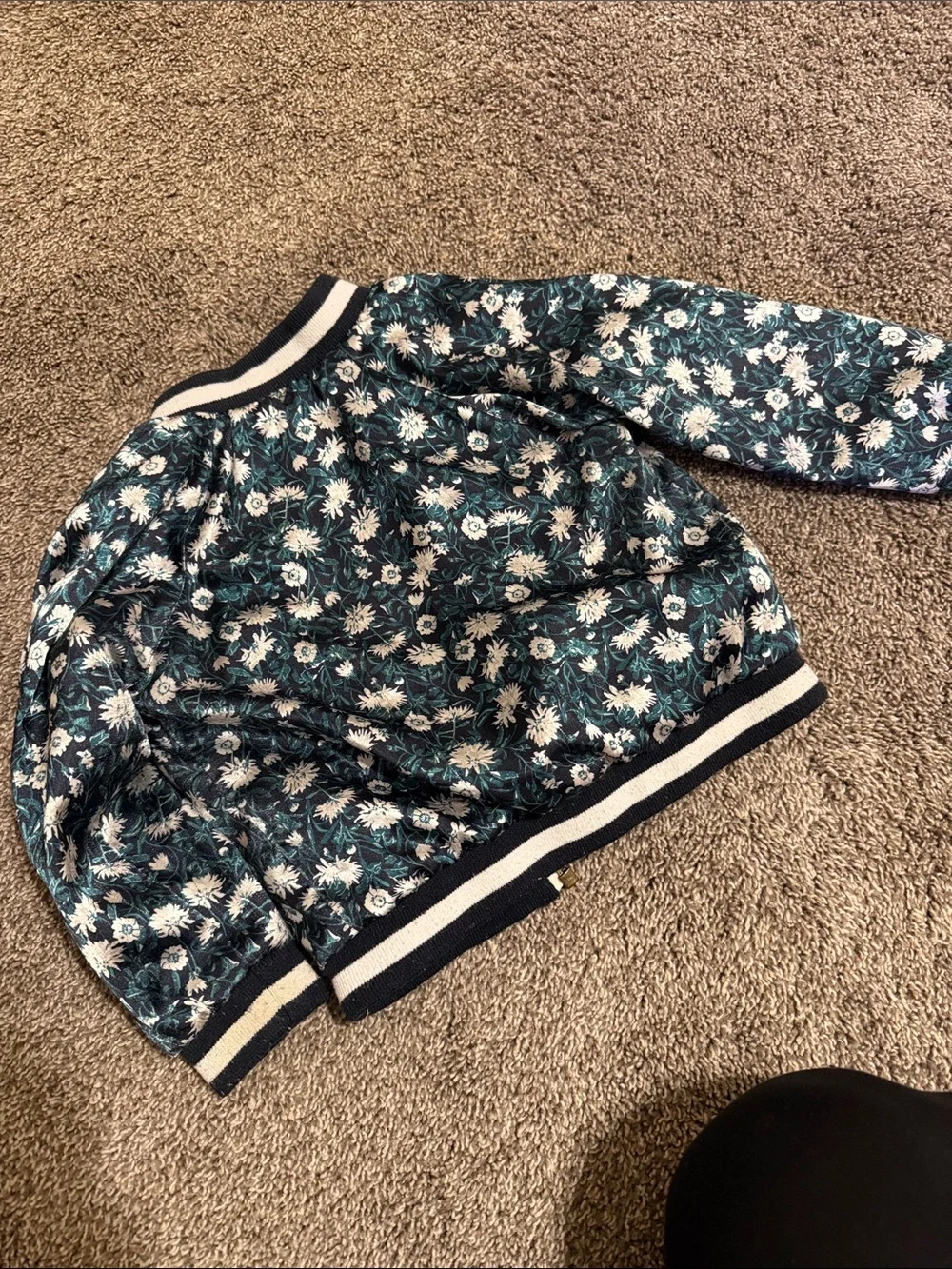 Joe Fresh Teal Floral Bomber Jacket with Navy Trim and Gold Zipper